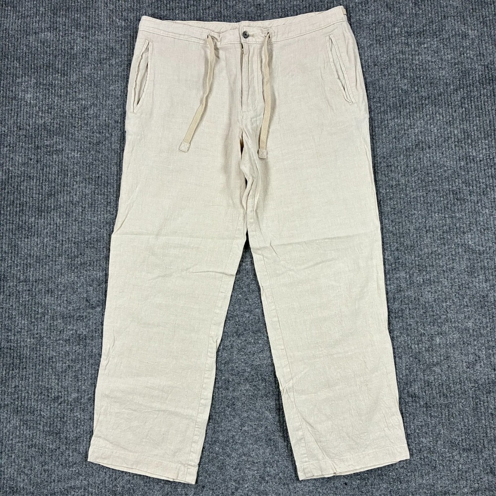 Tasso Elba Mens 36x32 100% Linen Pants Beige Drawstring Resort Beach Casual
